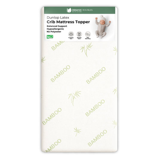 Dunlop Latex crib mattress topper packaging with bamboo text and baby illustration on a white background
