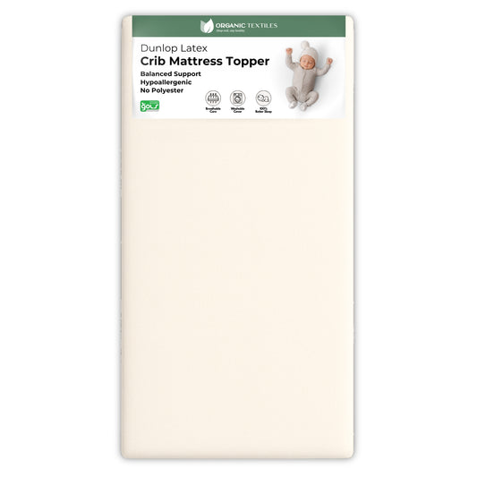 Dunlop Latex crib mattress topper packaging with a baby illustration on a white background