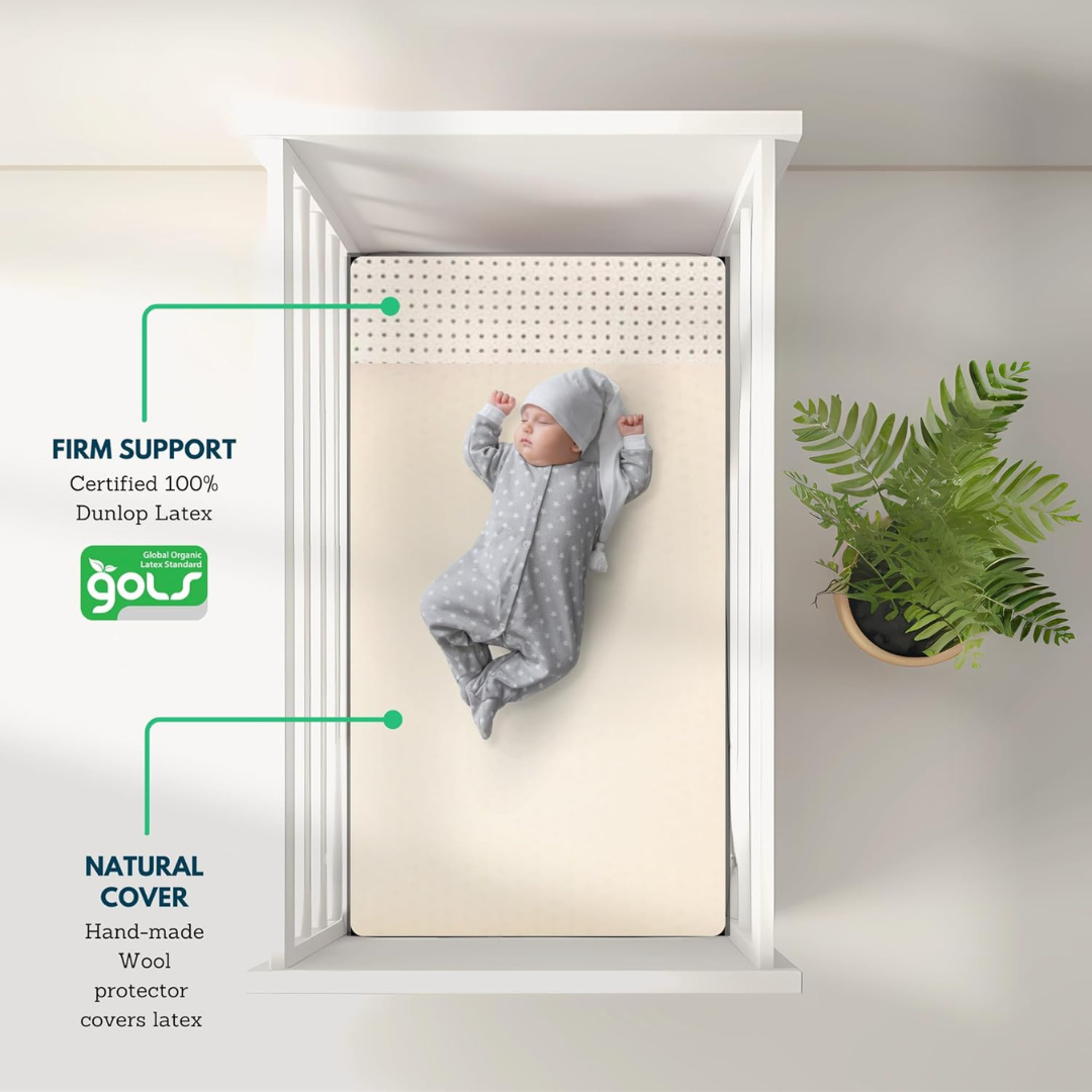 Crib mattress topper - crib topper - crib topper pad - crib mattress protector - organic crib mattress protector - best crib mattress topper - soft crib mattress topper - organic latex crib topper - GOTS Certified - GOLS Certified - 2” inch - 3” inch - thick crib mattress topper - hypoallergenic - non toxic - cooling - breathable - waterproof crib mattress topper - standard crib - cradle - playard - portable crib - co sleeper - mini sleeper