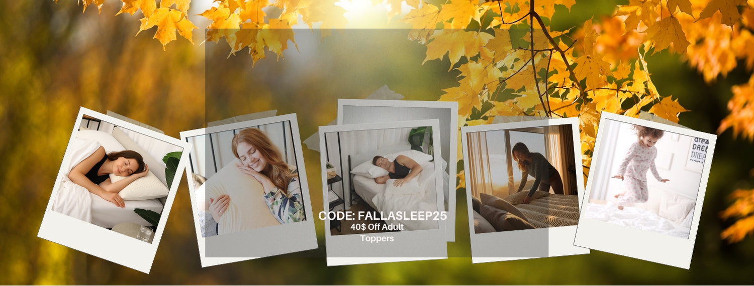 OrganicTextiles autumn banner promoting organic pillows, natural Talalay latex pillows, Wool Comforters, and GOTS/GOLS-certified bedding—25% OFF with code FALLASLEEP25; $40 off adult toppers.
