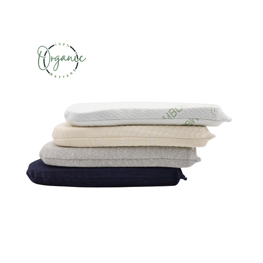 Stack of 100% organic latex seat cushions with cotton, denim, and bamboo covers in various colors on a light blue background