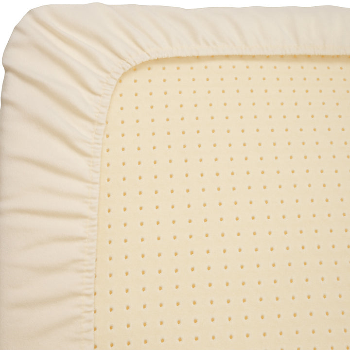 USA-made organic crib protector pad – fitted sheet style on standard crib mattress