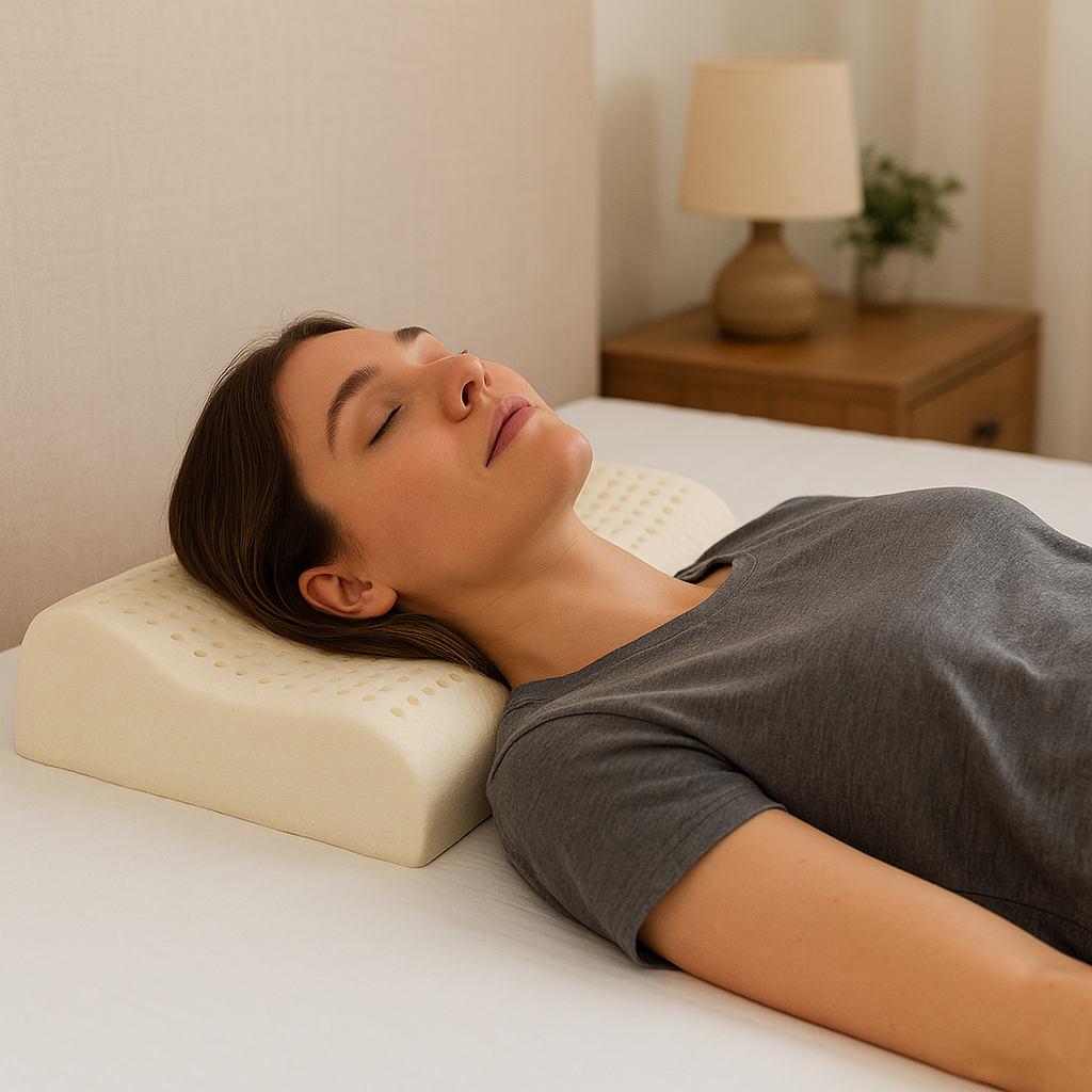 Woman lying on a bed with a beige pillow, in a bedroom setting. showing the airflow and breathability of the pin hole and made for back sleepers