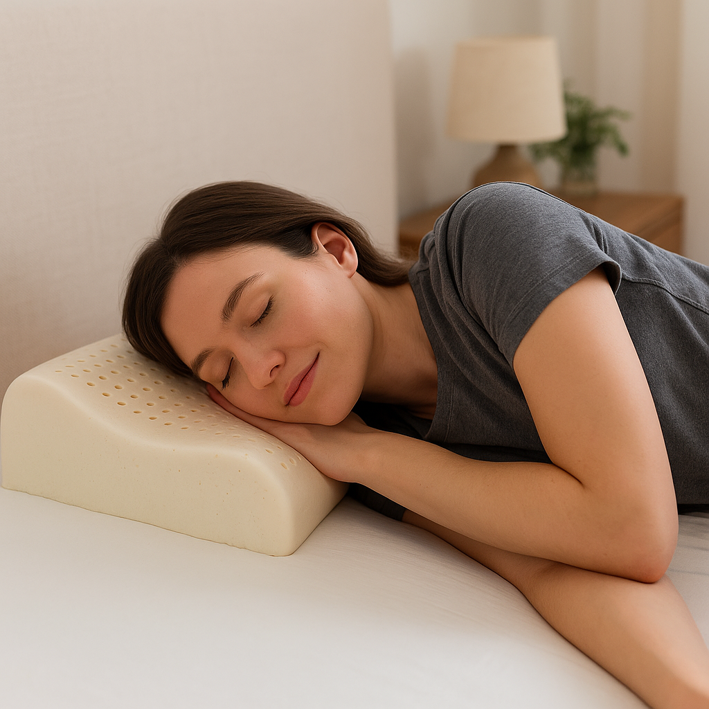 Woman lying on a bed with a beige pillow, in a bedroom setting. show the comfortability of side sleepers