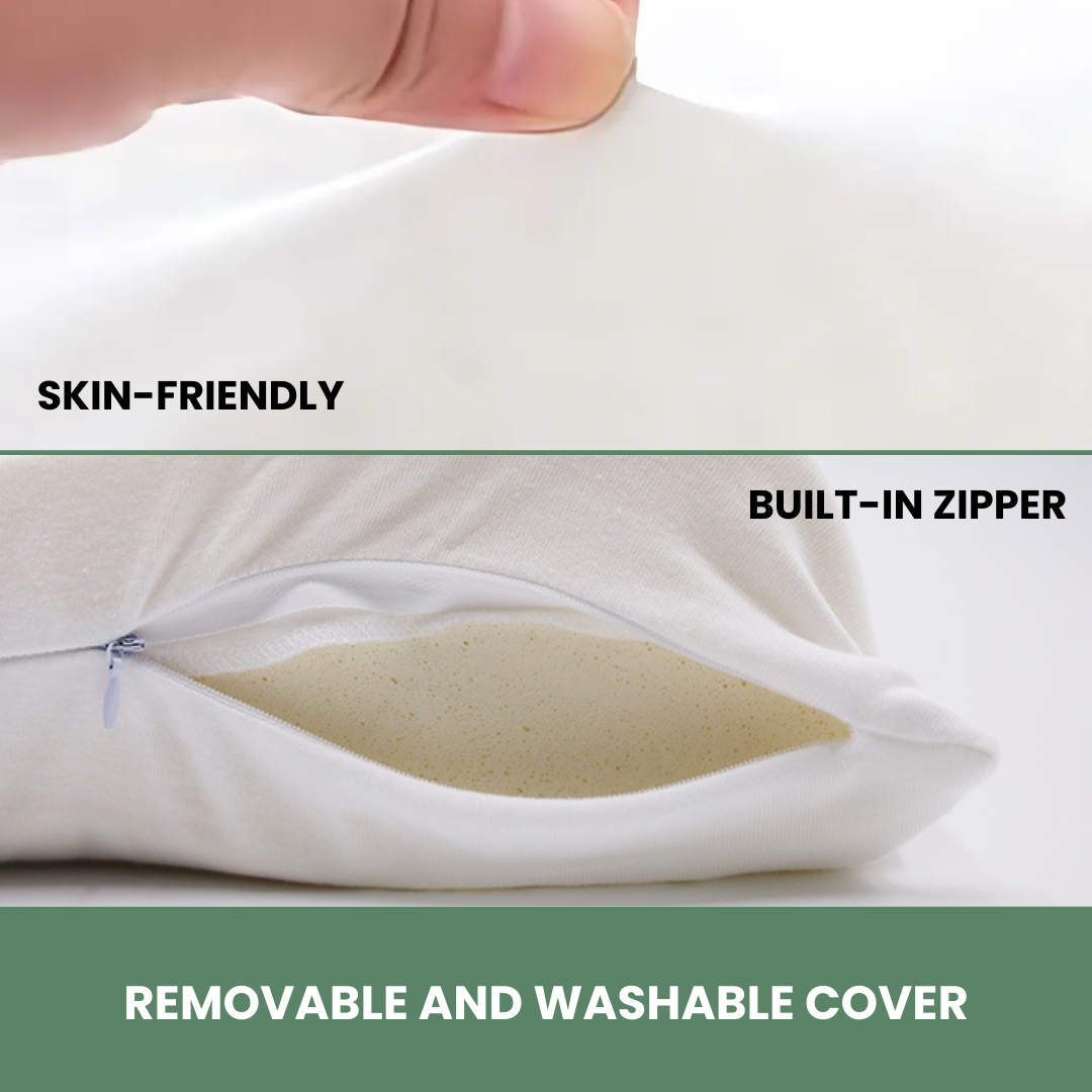 side view of our 100% organic latex and cotton cover with zipper for easy accessibility to wash cover. showing the breathability and comfortability