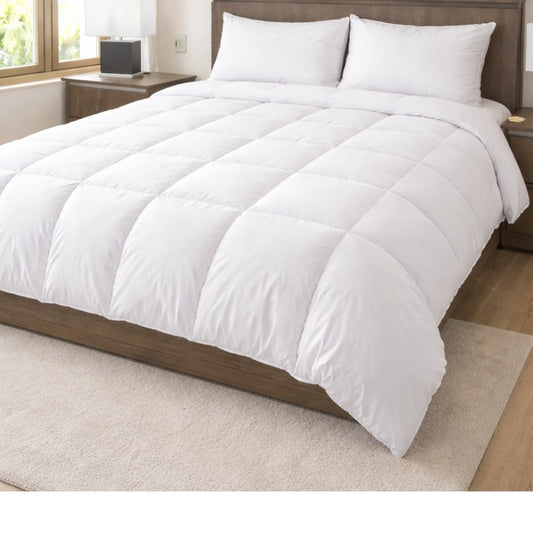 White down alternative comforter on modern wooden bed with fluffy quilted design