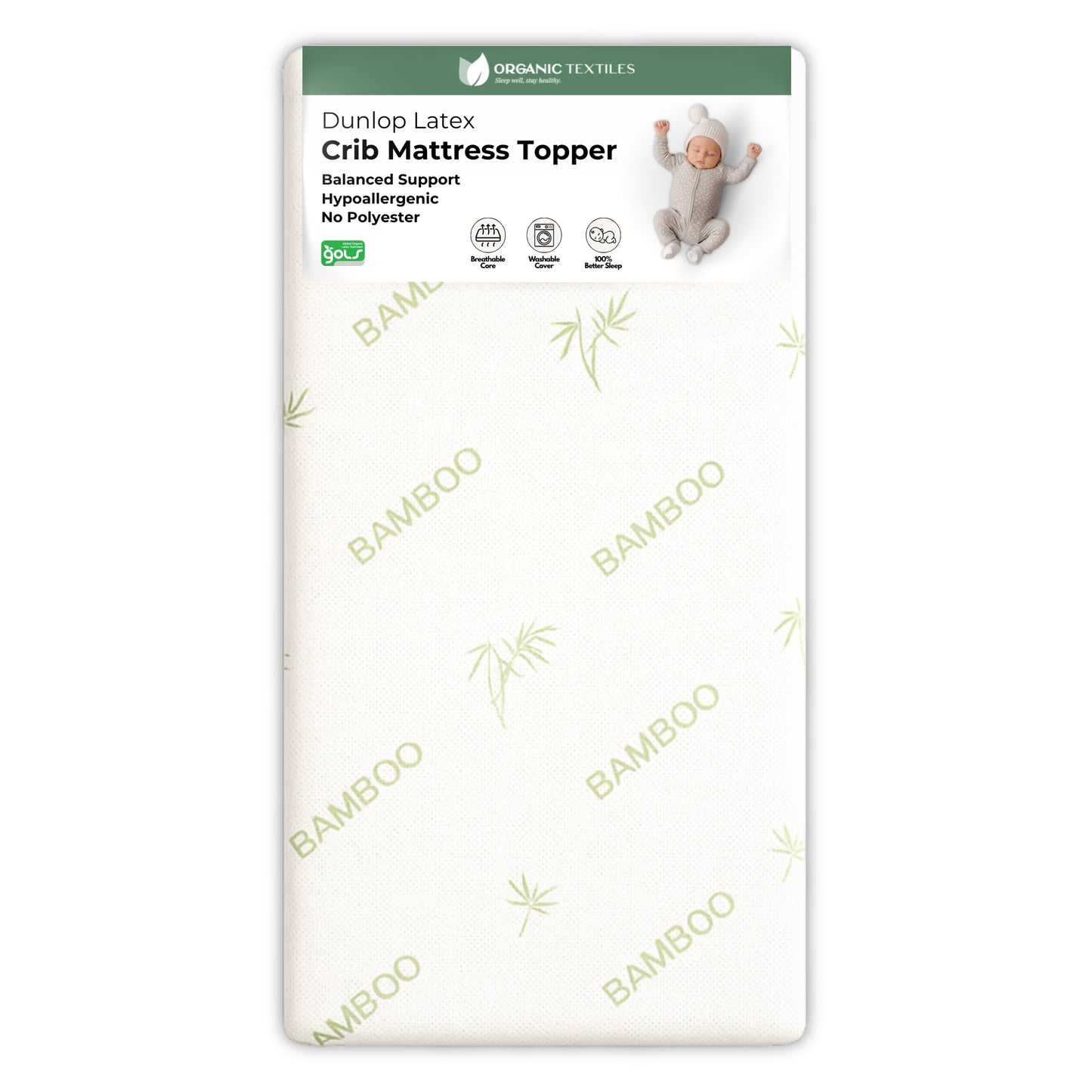 Dunlop Latex crib mattress topper packaging with bamboo text and baby illustration on a white background