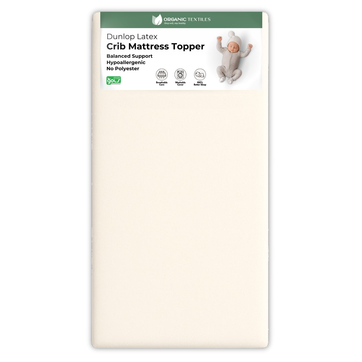 Dunlop Latex crib mattress topper packaging with a baby illustration on a white background