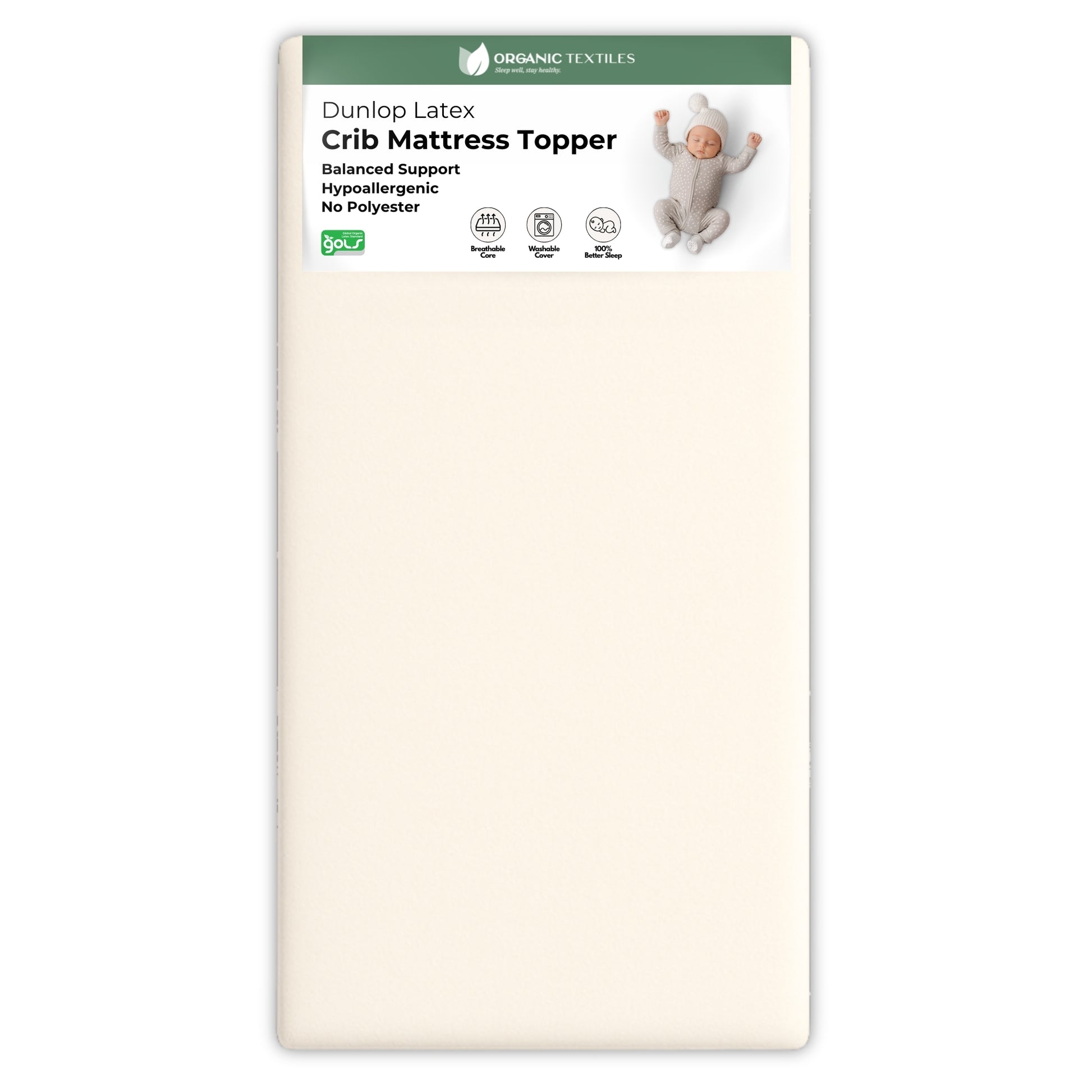 Dunlop Latex crib mattress topper packaging with a baby illustration on a white background