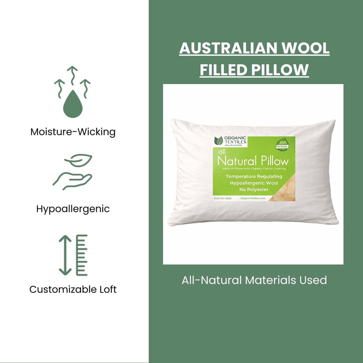 Australian Wool Filled Bed Pillow with GOTS Certified Cotton Cover for Side, Back or Stomach Sleeper - Organic Textiles