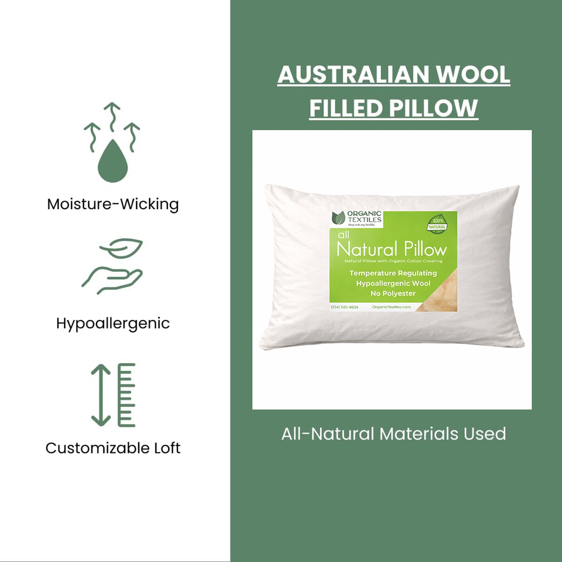 Australian Wool Filled Bed Pillow with GOTS Certified Cotton Cover for Side, Back or Stomach Sleeper - Organic Textiles