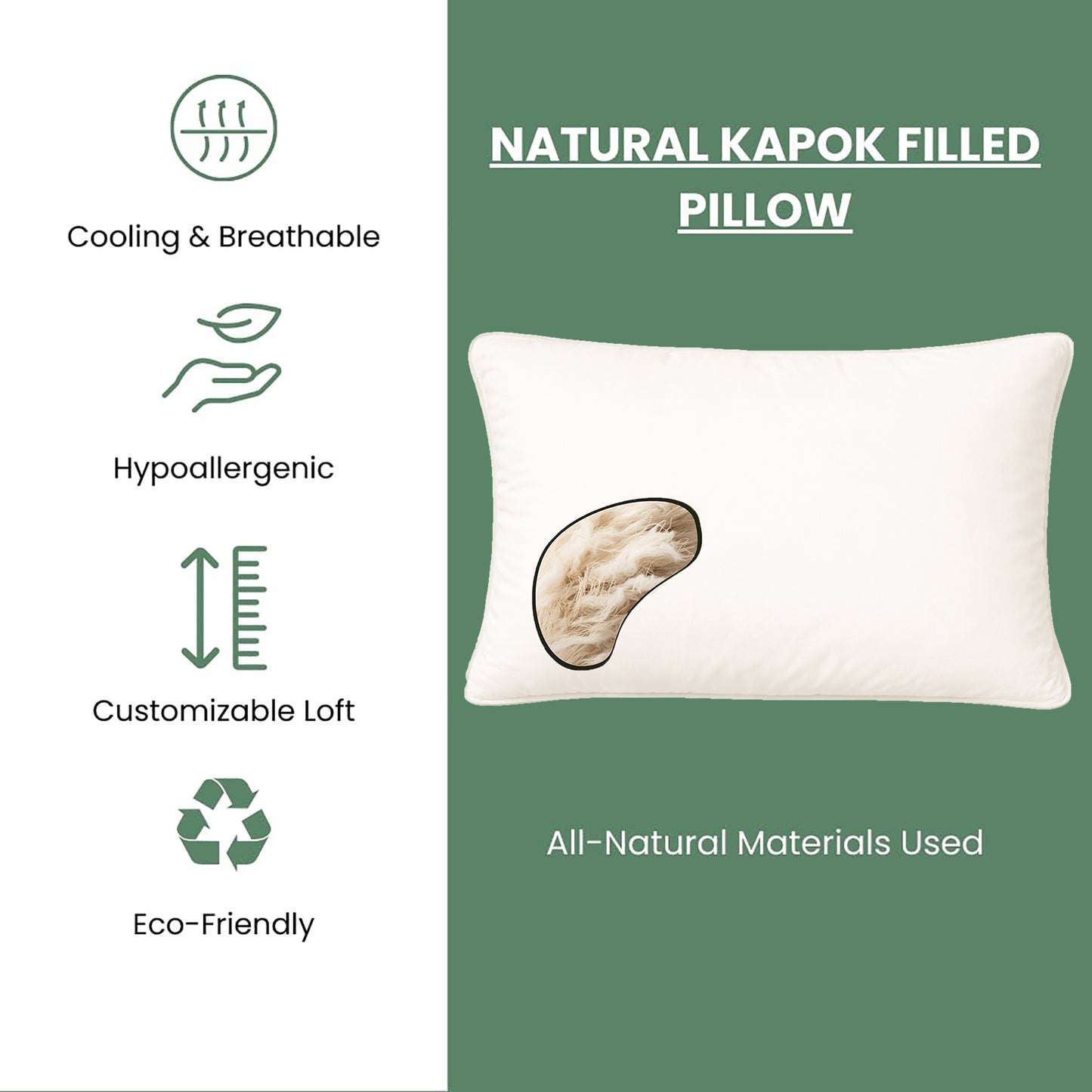 100% Natural Kapok Bed Pillow with GOTS Certified Cotton Cover for Stomach, Side or Back Sleeper - Organic Textiles