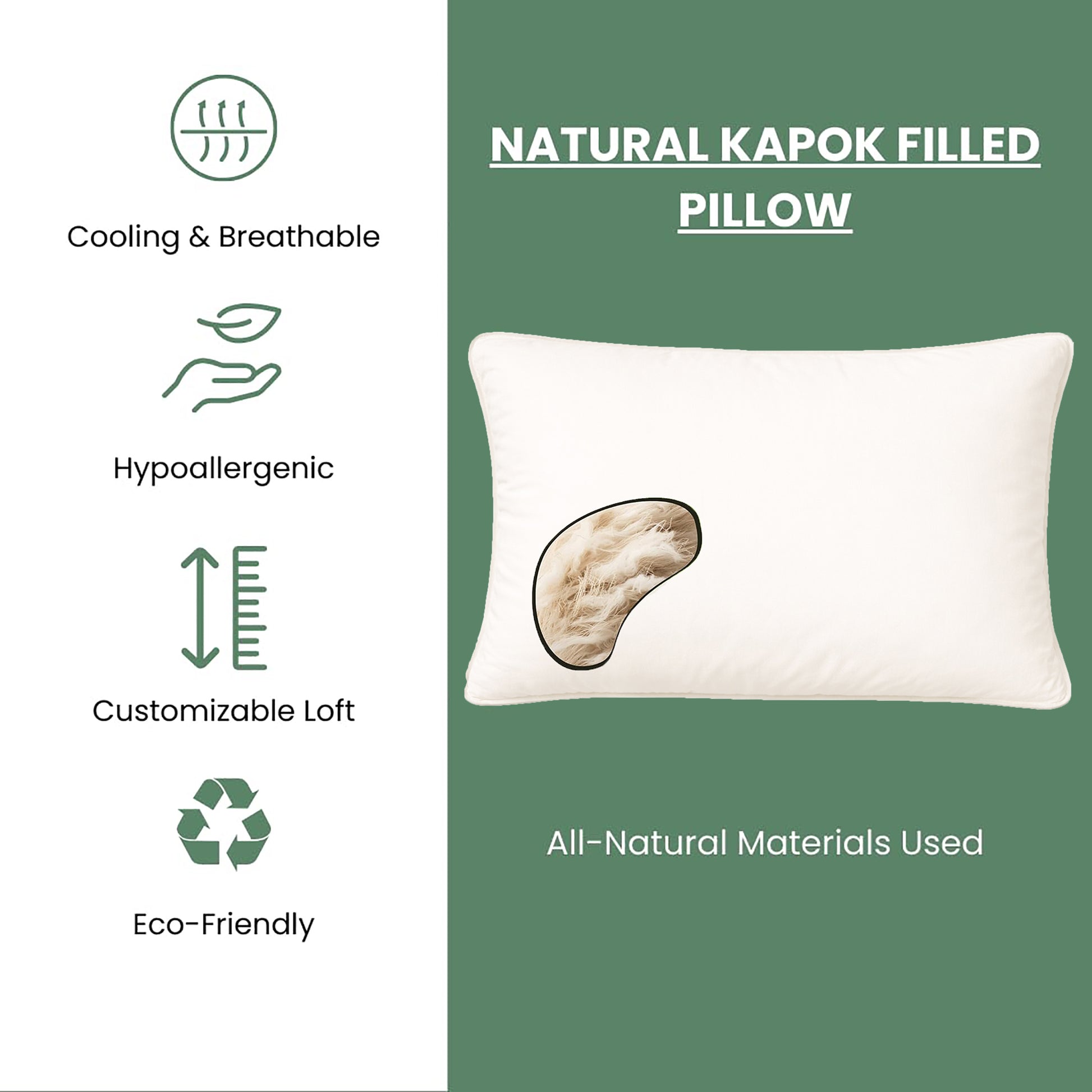 100% Natural Kapok Bed Pillow with GOTS Certified Cotton Cover for Stomach, Side or Back Sleeper - Organic Textiles