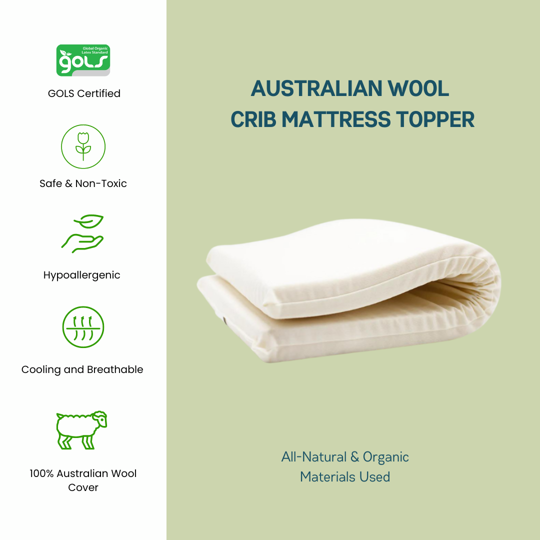 2 inch Organic Baby Crib Mattress Topper with Australian Wool Cover GOLS Certified 18x31 Mini Sleeper Zipper