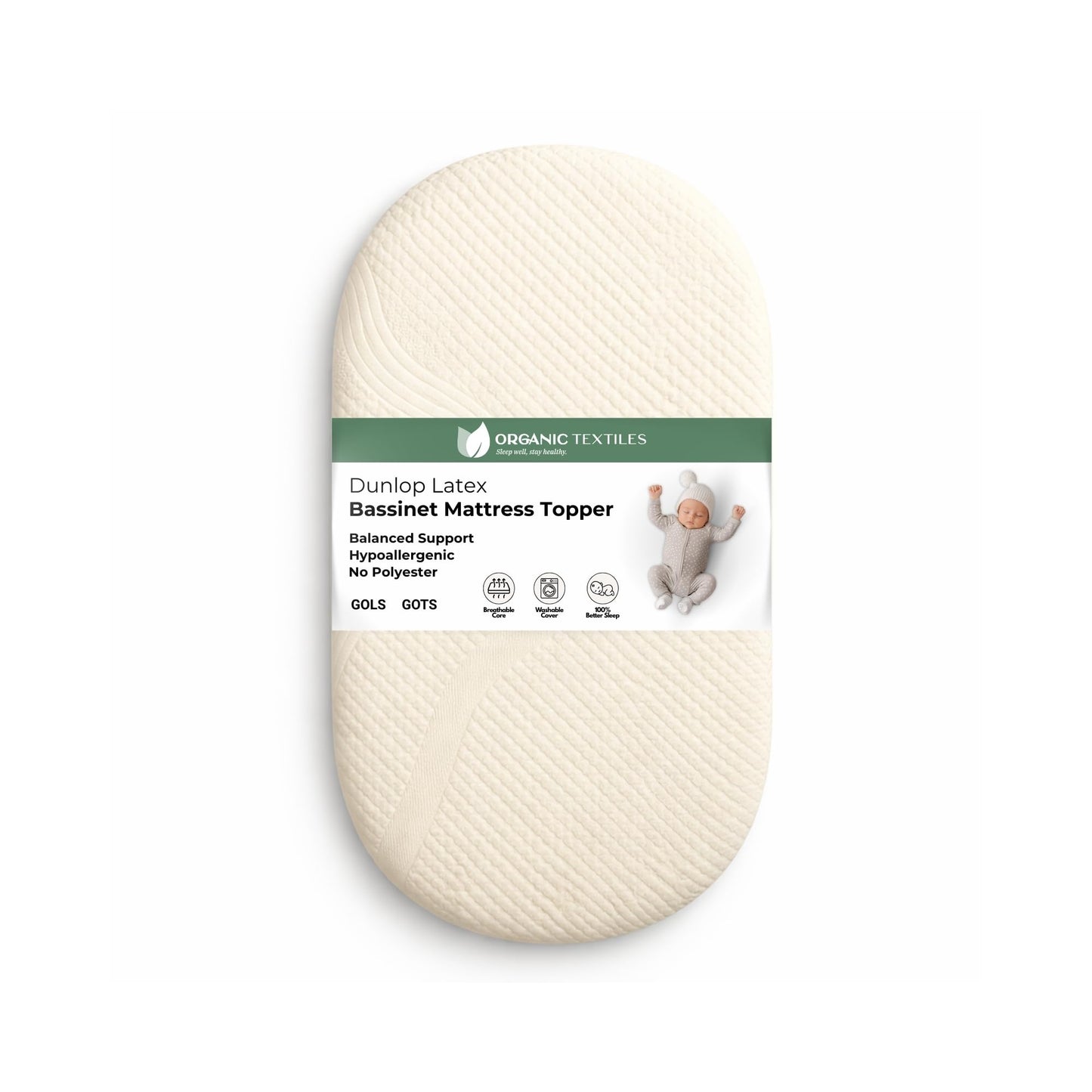 Organic Latex Bassinet Mattress Topper Pad with Organic Covers [GOLS Certified] - Organic Textiles