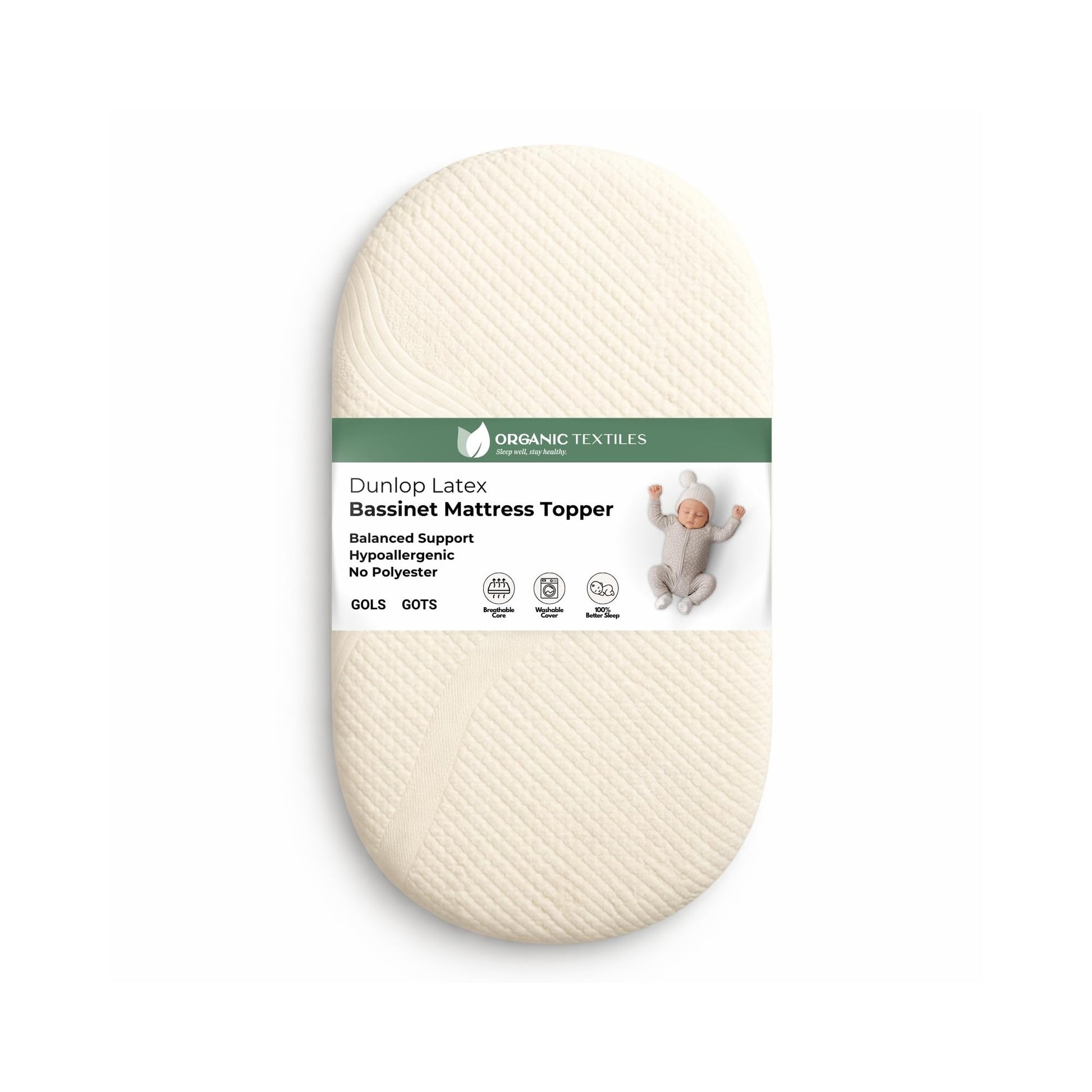 Organic Latex Bassinet Mattress Topper Pad with Organic Covers [GOLS Certified] - Organic Textiles