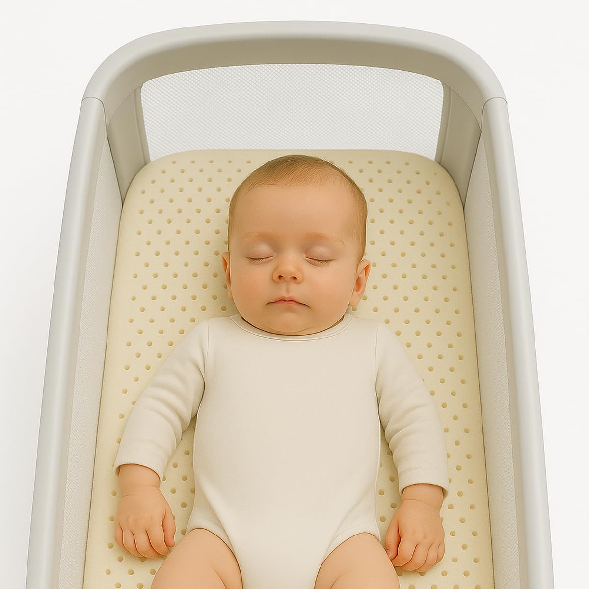 Dunlop Latex crib mattress topper packaging with bamboo text and baby illustration on a white background
