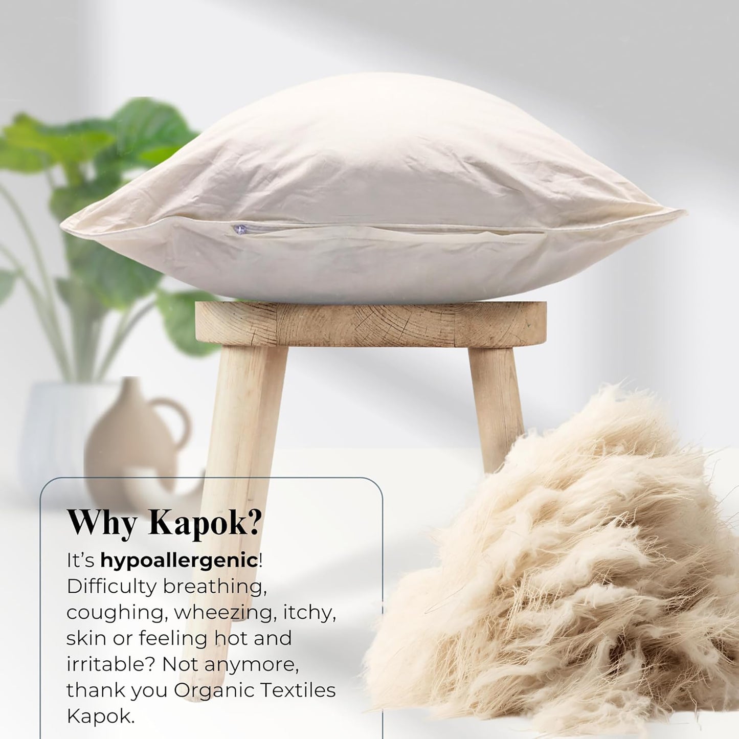 100% Natural Kapok Bed Pillow with GOTS Certified Cotton Cover for Stomach, Side or Back Sleeper - Organic Textiles
