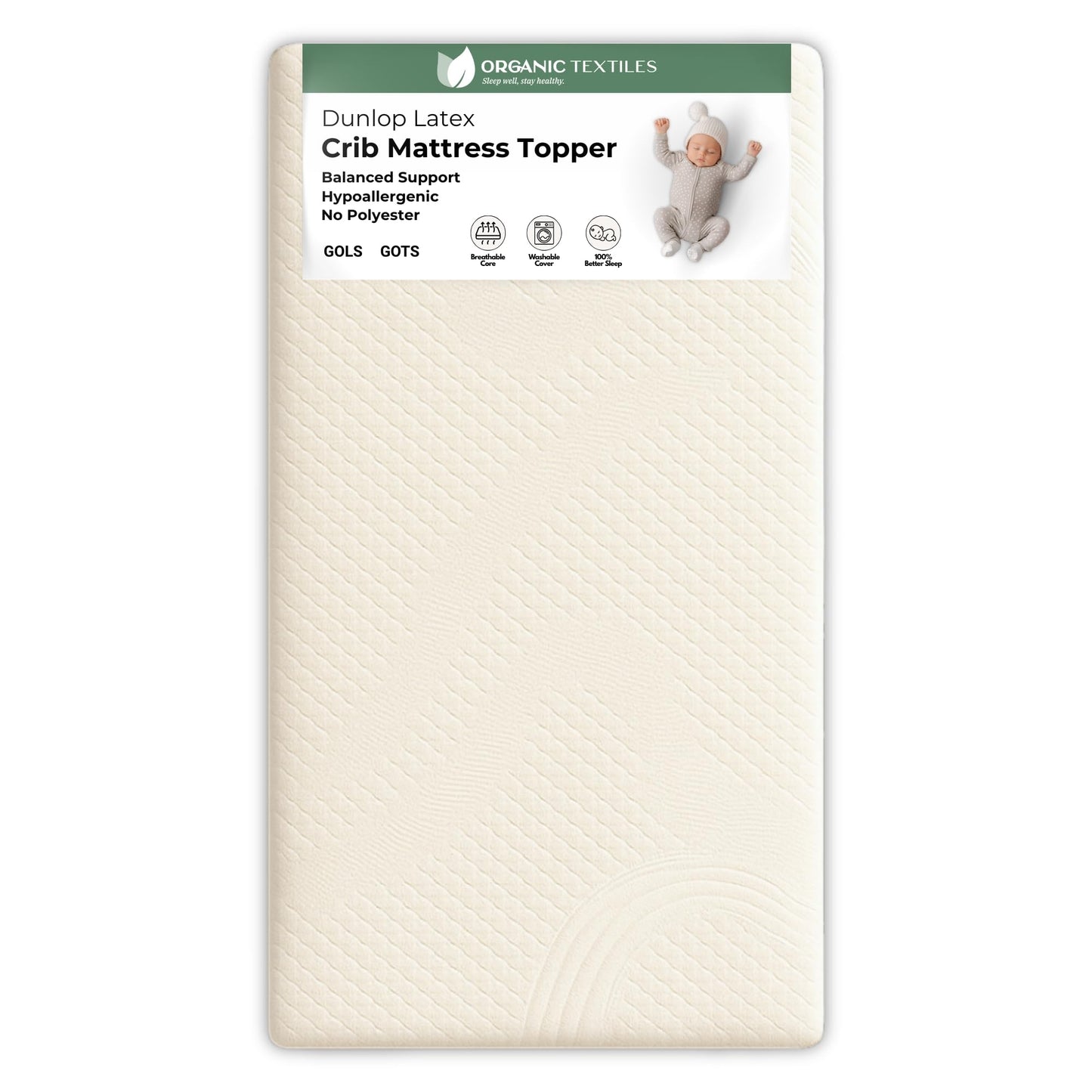 Dunlop Latex crib mattress topper packaging with a baby illustration on a white background