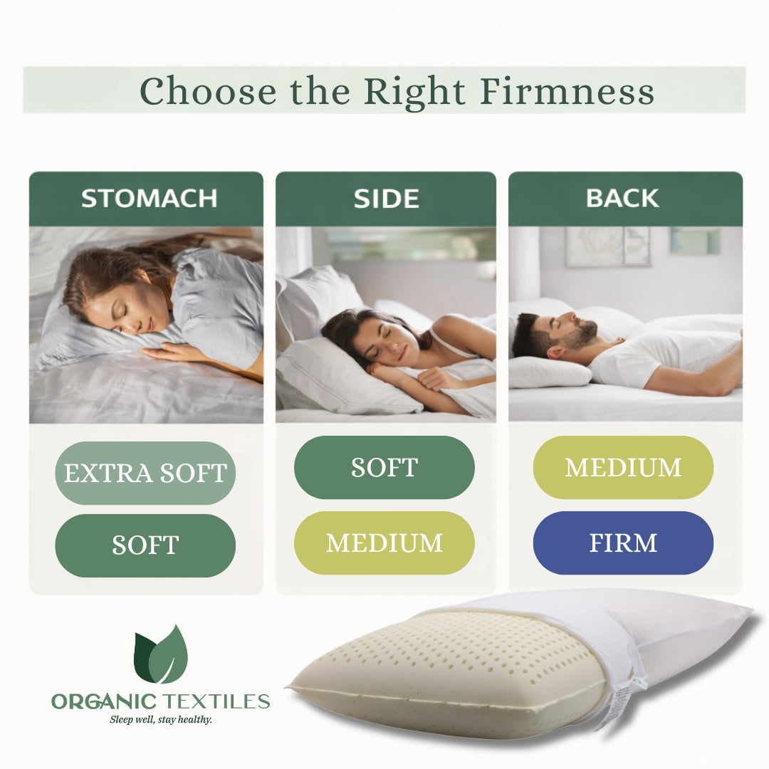 Organic latex pillow firmness comparison showing proper spinal alignment support for side and back sleepers, pressure relief, and responsive natural latex structure for healthy neck support.