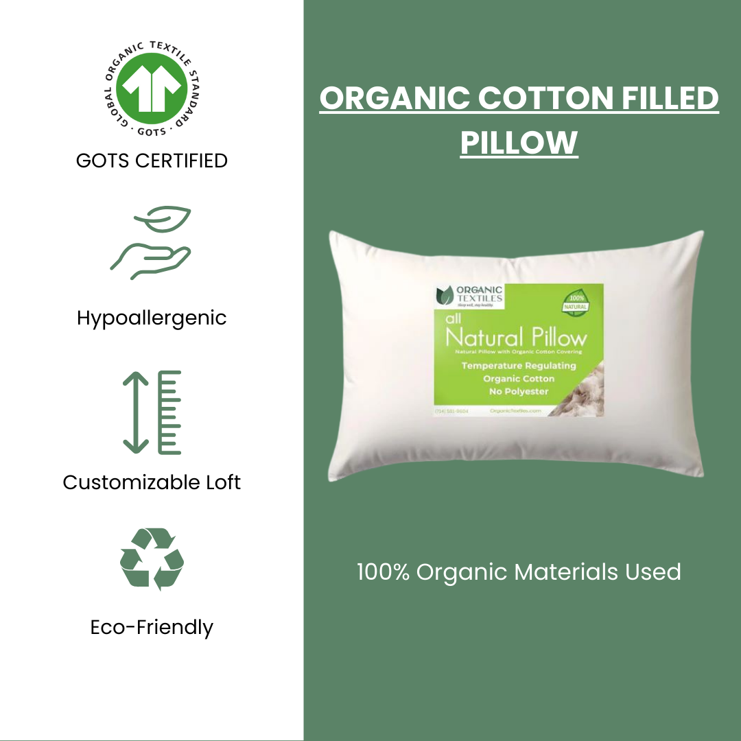 100 Organic Cotton Bed Pillow for Back Side or Stomach Sleepers GOTS Certified Queen