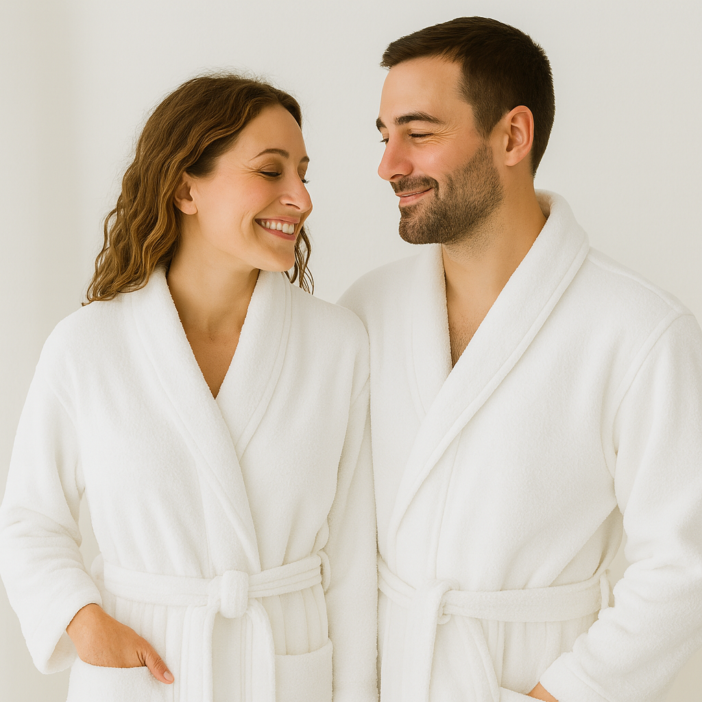 Couple wearing matching white organic terry cloth bathrobes, smiling and standing together in a soft, minimalist setting