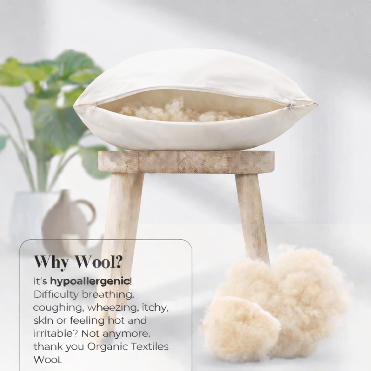 Australian Wool Filled Bed Pillow with GOTS Certified Cotton Cover for Side, Back or Stomach Sleeper - Organic Textiles