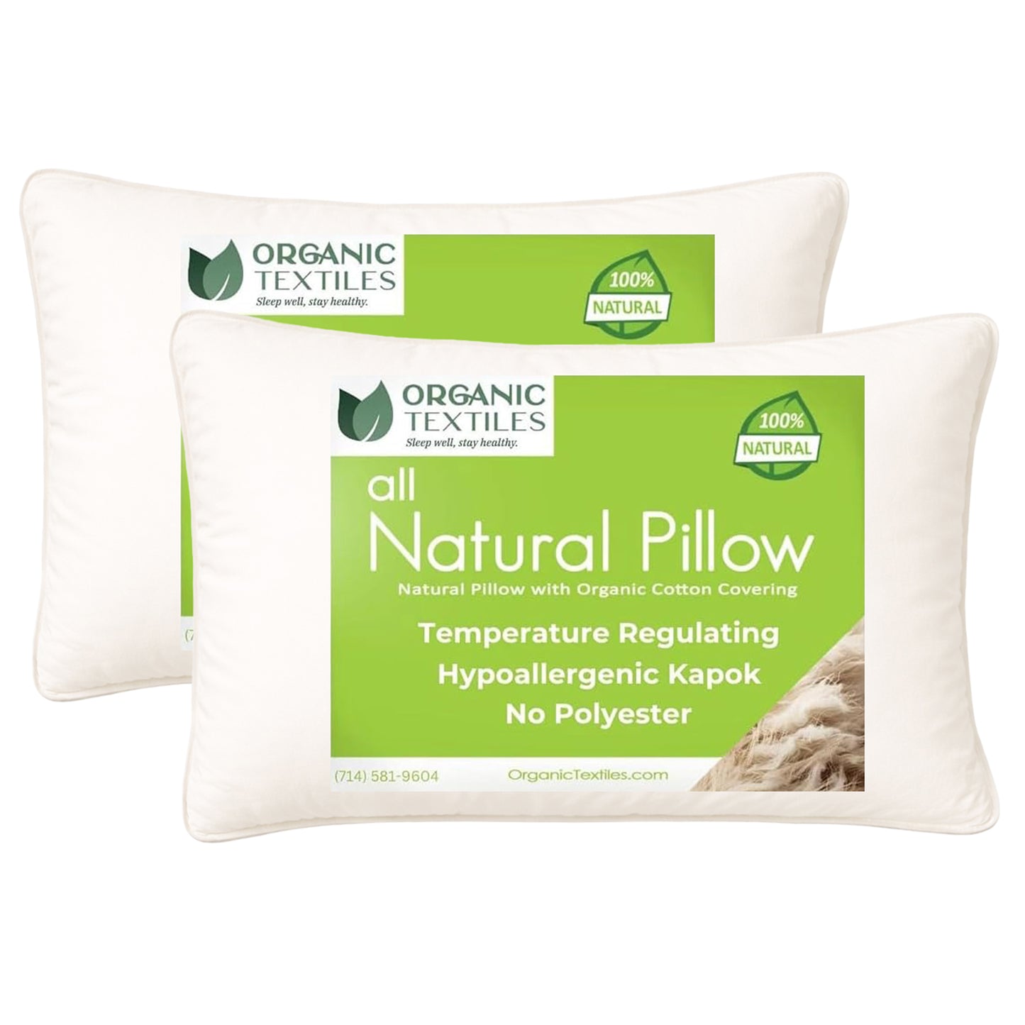 100% Natural Kapok Bed Pillow with GOTS Certified Cotton Cover for Stomach, Side or Back Sleeper - Organic Textiles