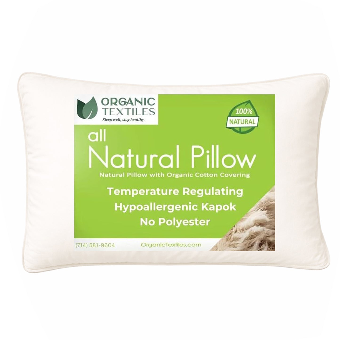 100% Natural Kapok Bed Pillow with GOTS Certified Cotton Cover for Stomach, Side or Back Sleeper - Organic Textiles