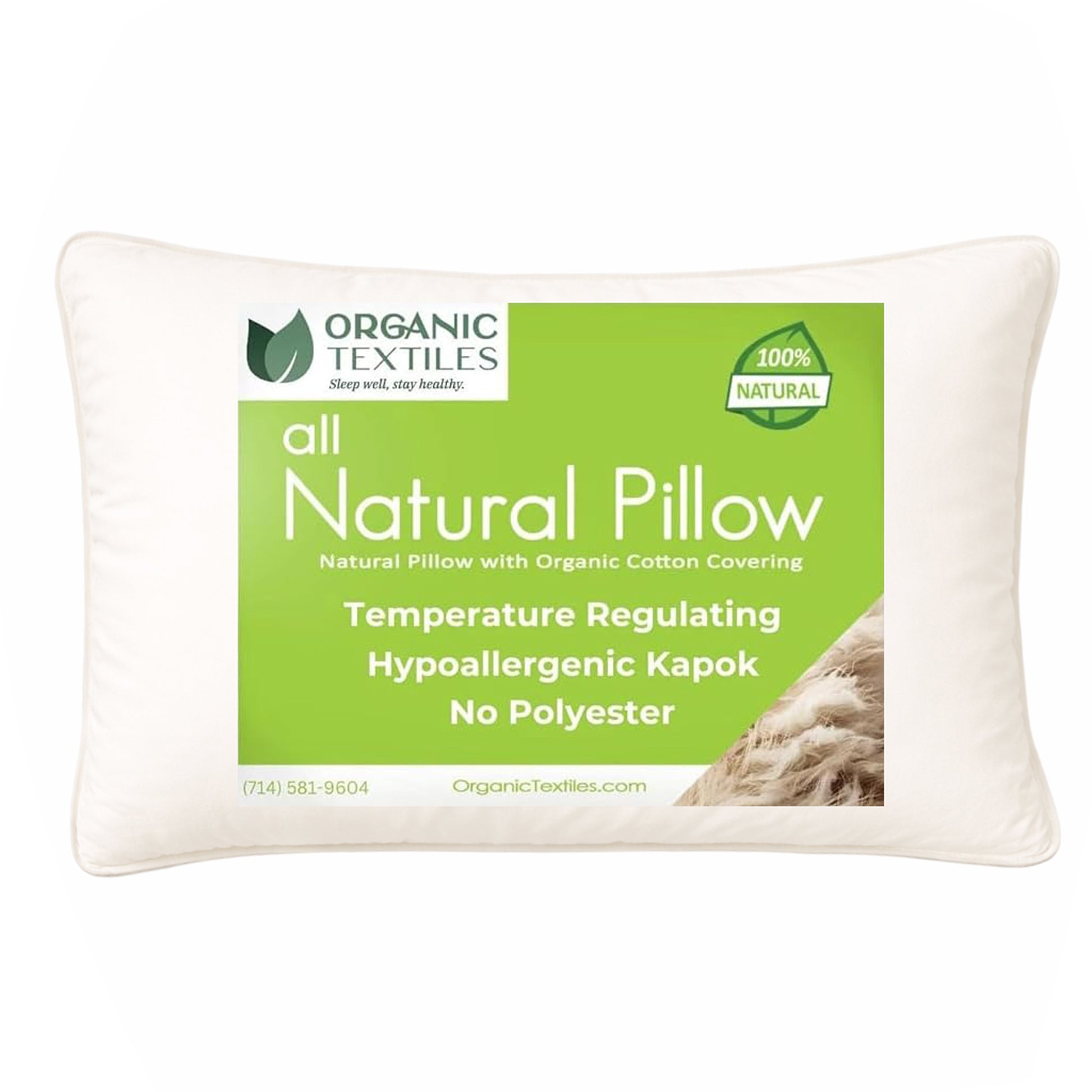 100% Natural Kapok Bed Pillow with GOTS Certified Cotton Cover for Stomach, Side or Back Sleeper - Organic Textiles