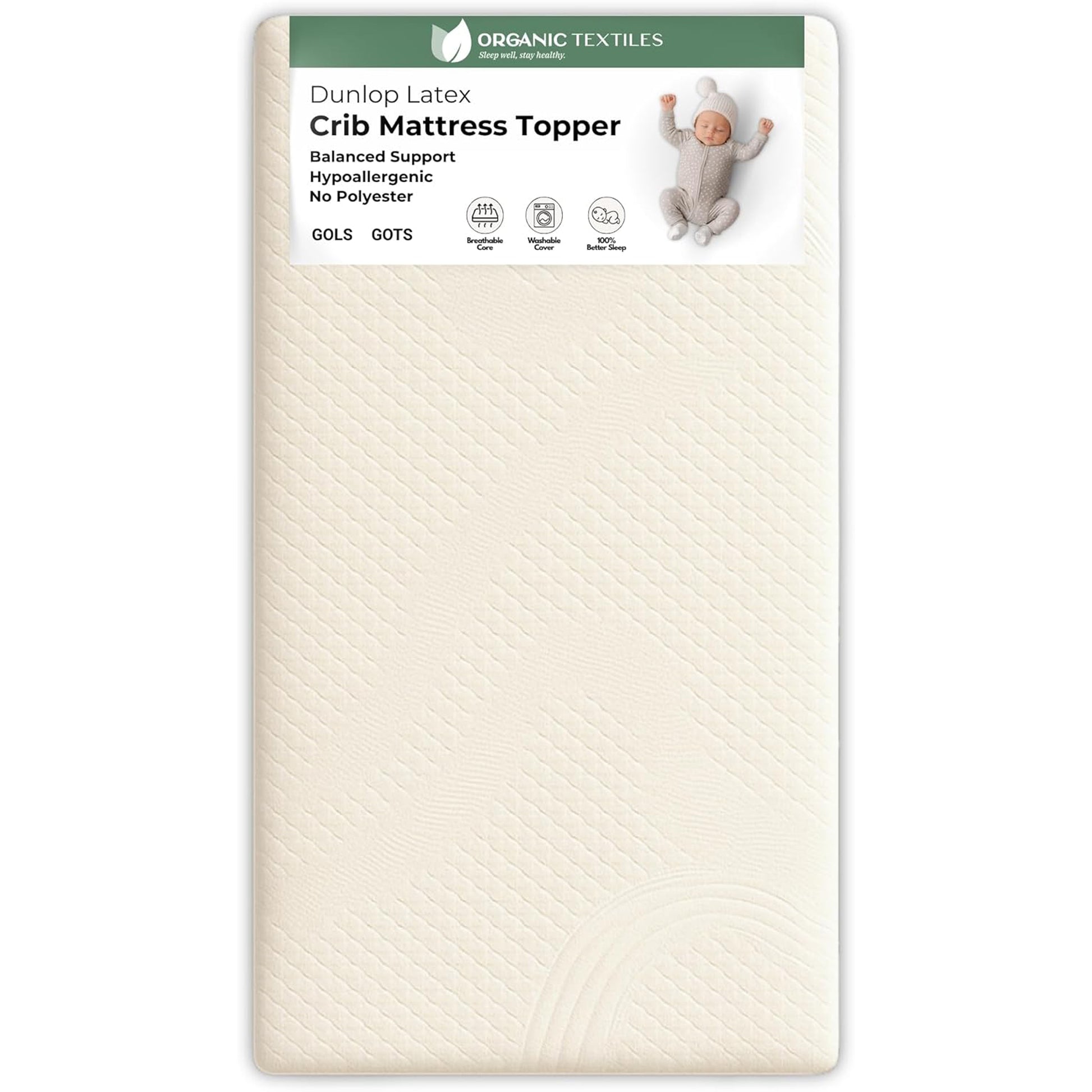 Organic Latex Baby Crib Mattress Topper with Premium GOTS Certified Cover - Organic Textiles