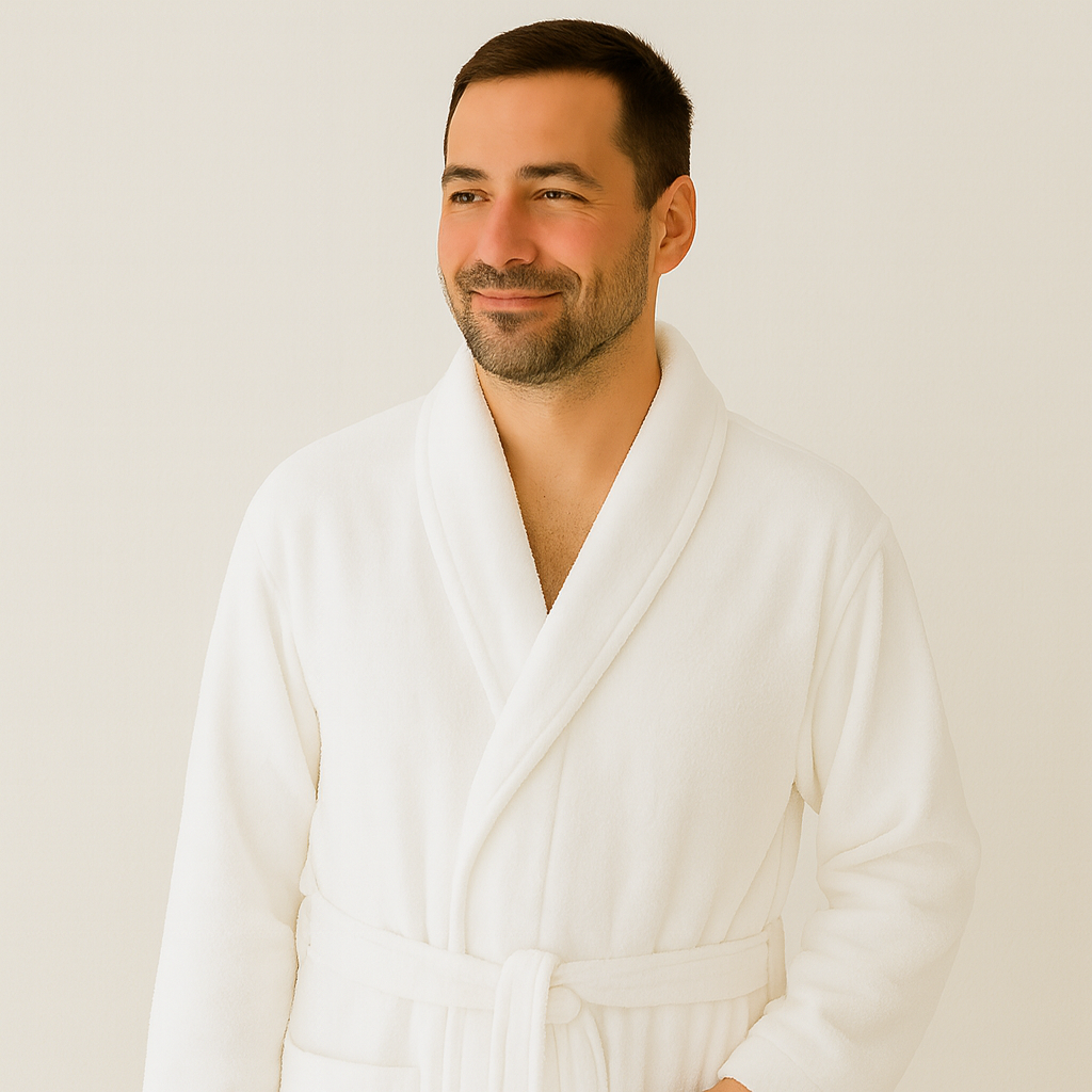 Man wearing a white organic terry cloth bathrobe, smiling and standing against a clean, neutral background.