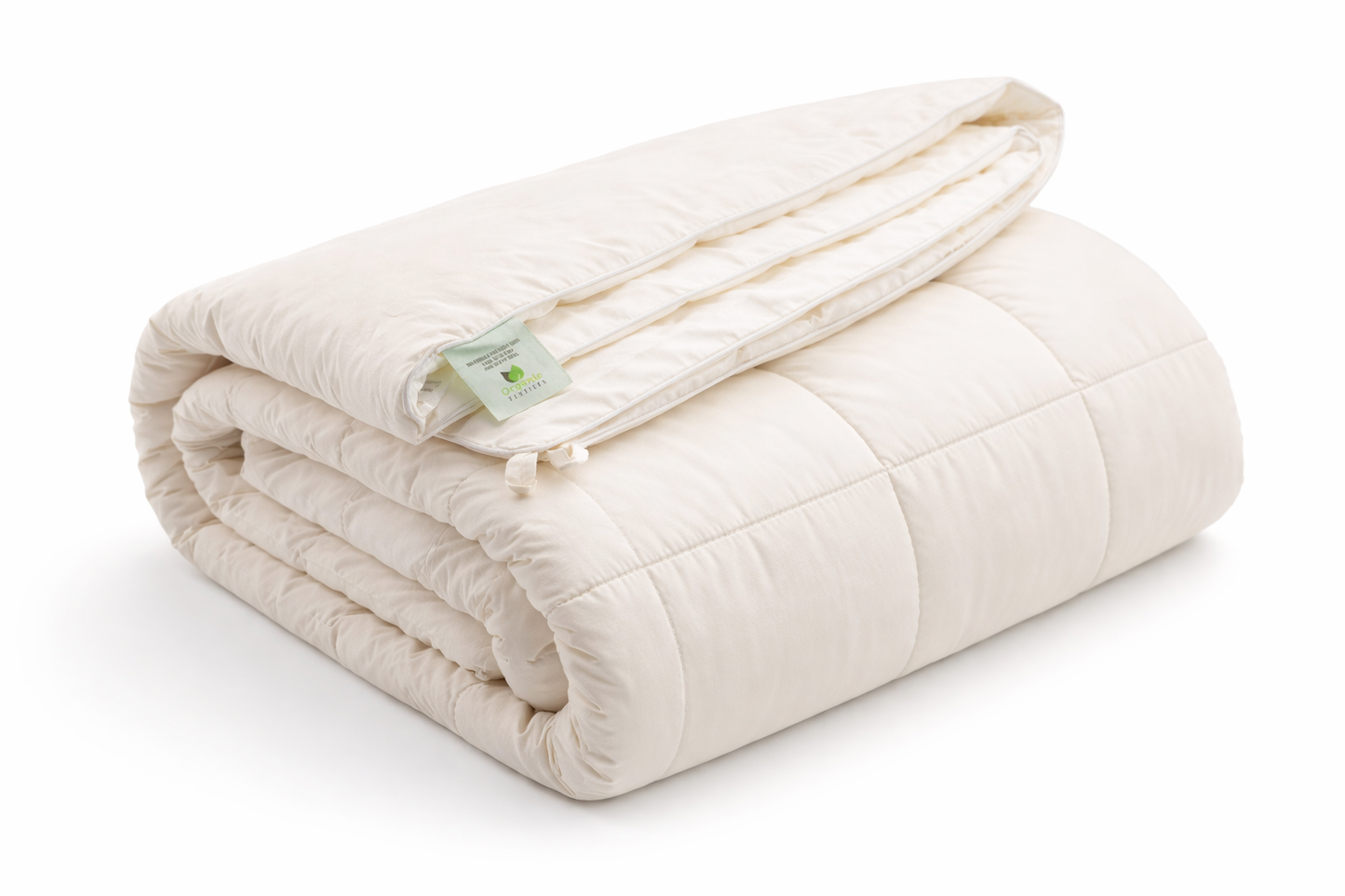 Australian wool comforter with organic cotton cover, available in twin, queen, and king sizes, displayed on a clean white background