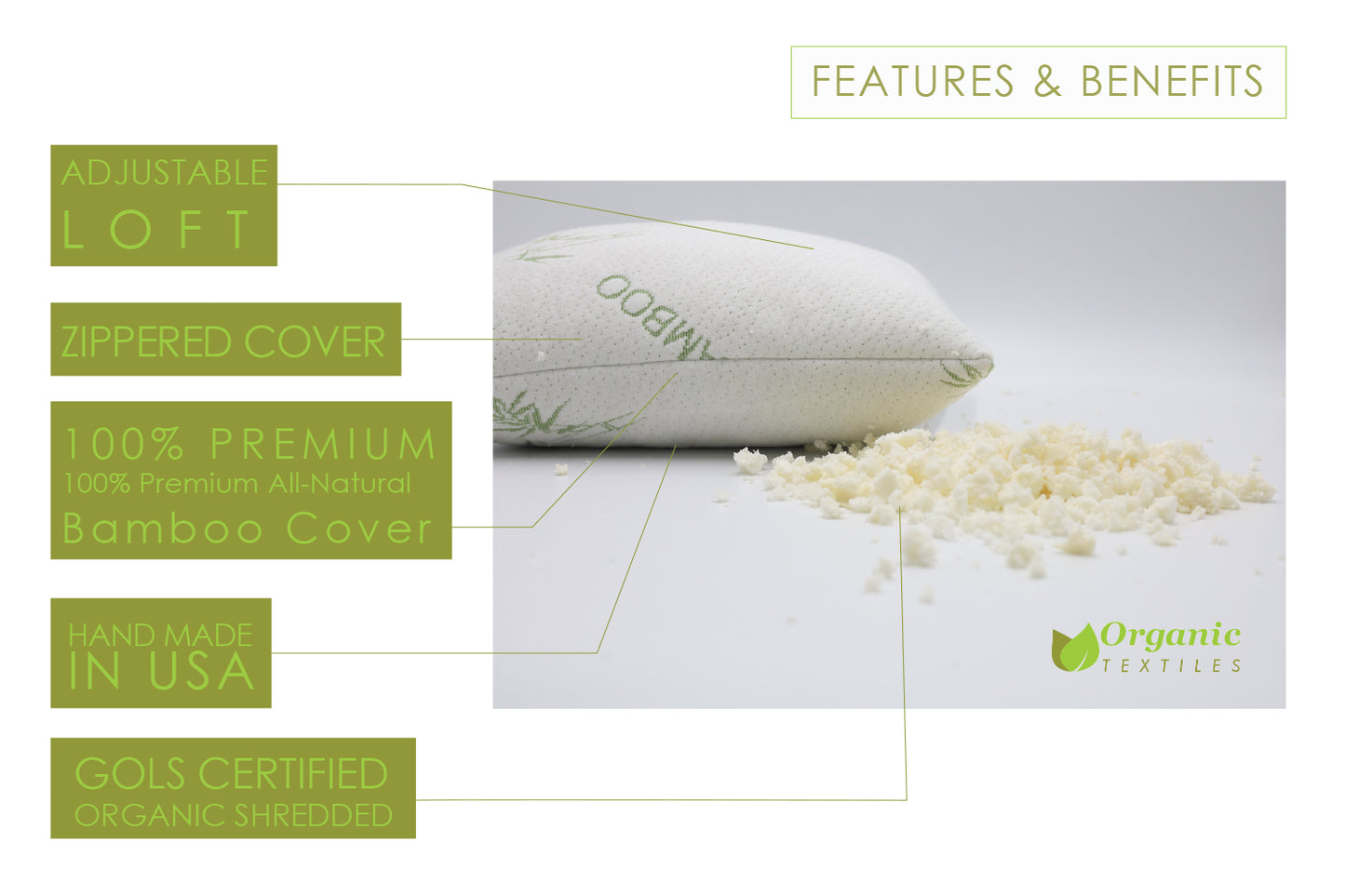 Bamboo Pillow with Organic Shredded Latex [GOLS Certified] - Organic Textiles