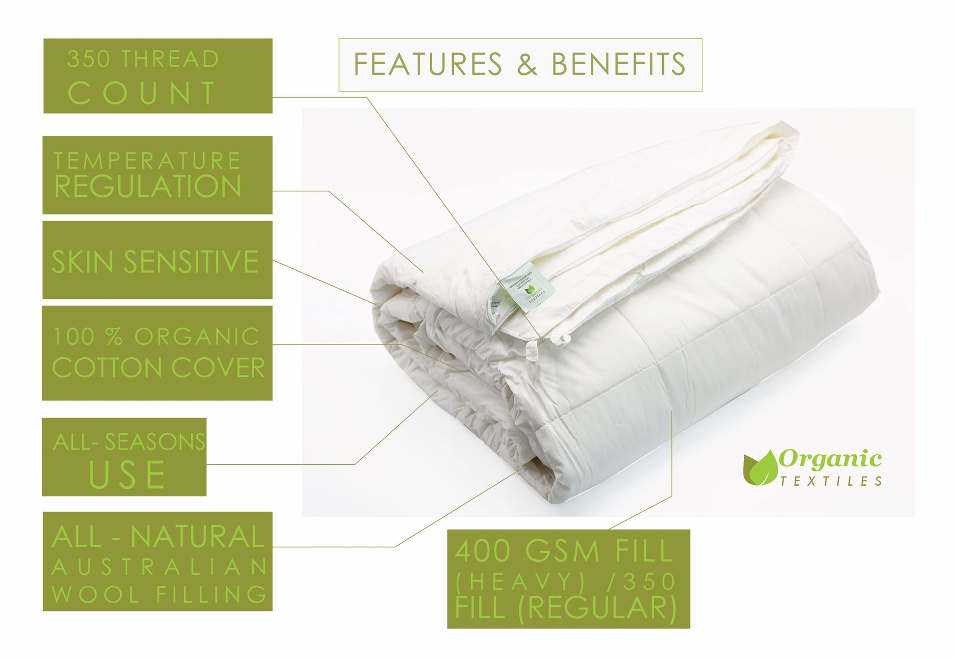 100% All-Natural Australian Wool Filled Comforter (400 GSM, Heavyweight Fill) - Organic Textiles